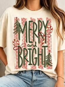Plus Size Women's Casual Graphic Tee Print Daily Tops Crew Neck Short Sleeves Merry Christmas Tree Festival T-Shirts - Apricot - View 1