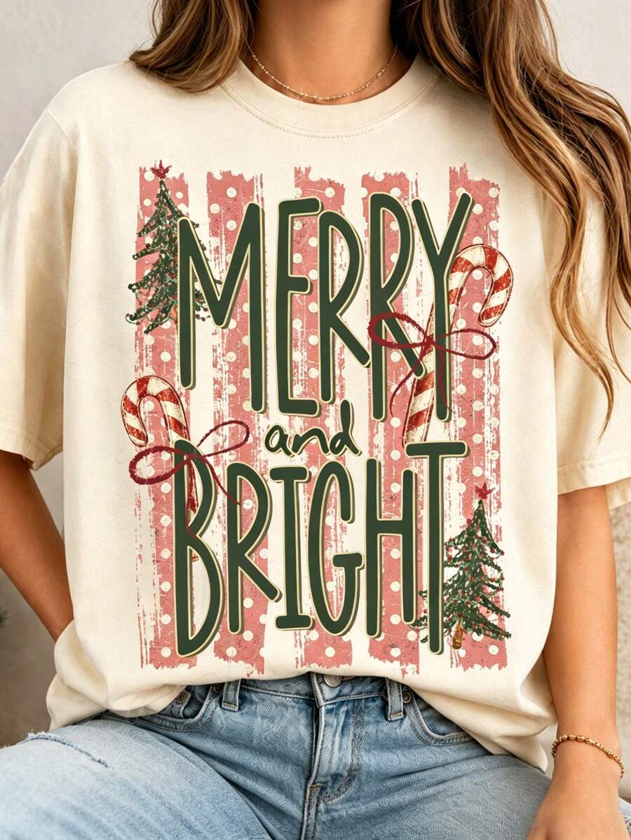 Plus Size Women's Casual Graphic Tee Print Daily Tops Crew Neck Short Sleeves Merry Christmas Tree Festival T-Shirts - Apricot - View 1