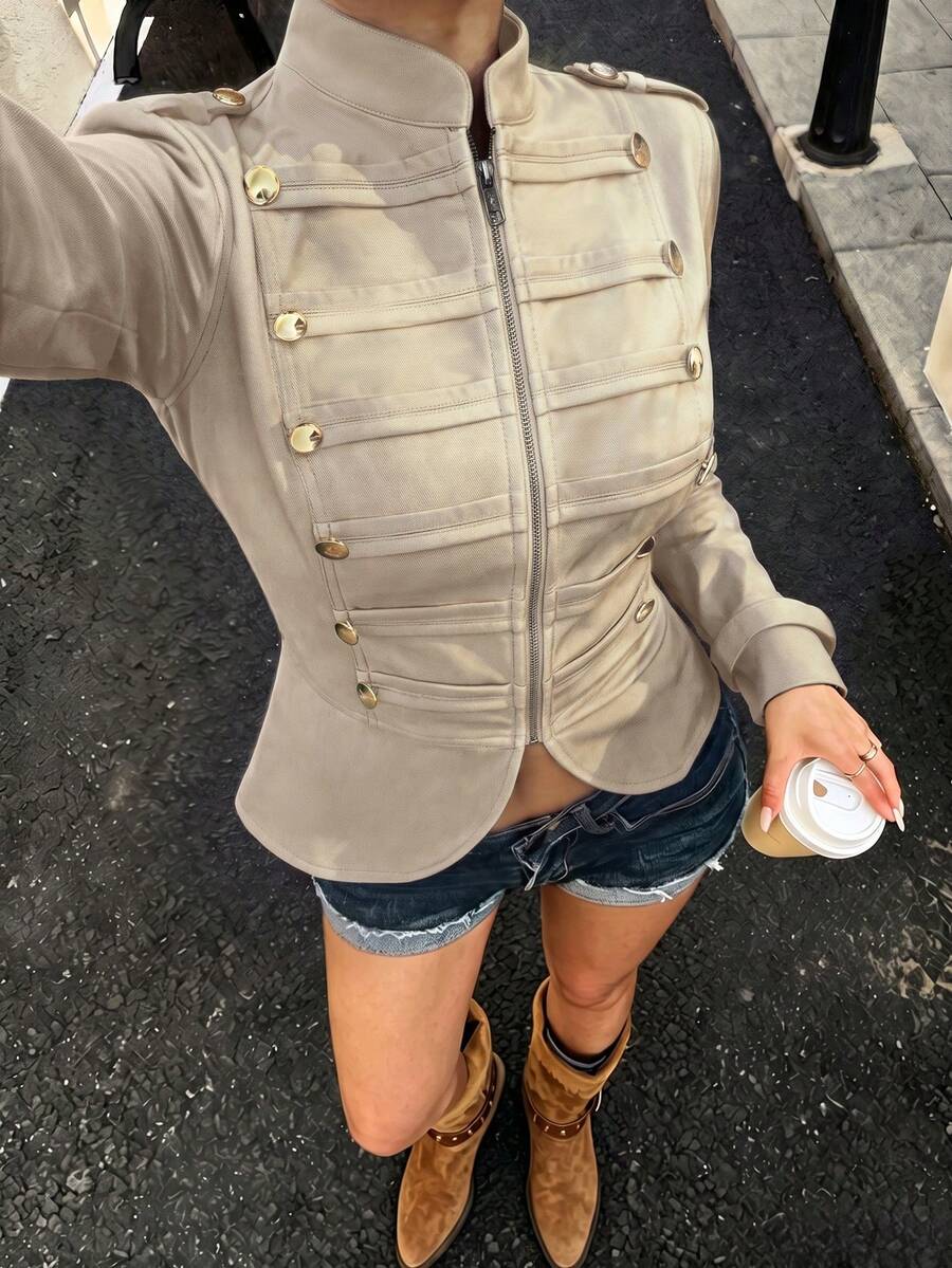 HAPPY GIRL#Spring Autumn Winter Versatile Fashionable Woven Fabric Women's Palace Style Long Sleeve Jacket For Festival Daily Date Travel Outing - Apricot - View 1