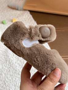 Autumn/Winter Girls' Cloud-Feel Indoor/Outdoor Fuzzy Slippers With One-Strap Round Buckle Hook-And-Loop Design, Soft Warm House Shoes - Khaki - View 8