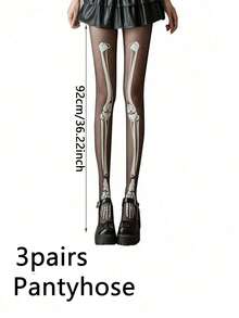 3pairs/1pair Halloween Glow-In-The-Dark Skeleton Tights – Luminous, Fluorescent Bone-Print Hosiery; Perfect For Halloween Parties, Costume Balls, And Horror-Themed Events. - One Size Fits All - View 9
