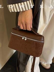 low tea 1pc Box-Shaped Suede Fabric Handbag With Adjustable Shoulder Strap, Suitable For Commuting, Shopping And More - Coffee - View 10