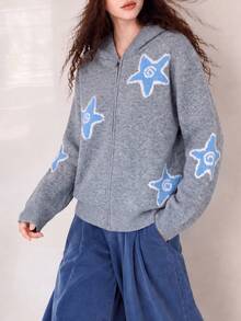 Women's Casual Autumn/Winter Hooded Cardigan Jacket With Five-Point Star Pattern - Grey - View 5