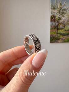 MADEONE 一枚雏菊花叶造型戒指，镶嵌黑白锆石，6号，优雅珠宝礼品，适合女性，可作为订婚、结婚纪念日、生日礼物。 - 銀色 - 查看 4