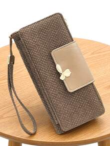 Women's Vintage Straw-Textured PU Long Patchwork Multi-Function Wallet, Large Capacity Card Holder With Exquisite Metal Flower Logo, Casual Wristlet Bag Suitable For Various Occasions - Multicolor - View 3