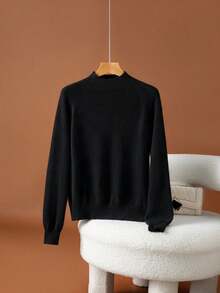 HEYMINI 100% Kasmir, Sweater Kasmir Leher Setengah Turtleneck Warna Polos Serbaguna untuk Musim Gugur dan Musim Dingin, Atasan Rajut Lengan Panjang Sederhana untuk Pemakaian Sehari-hari - Hitam - View 9