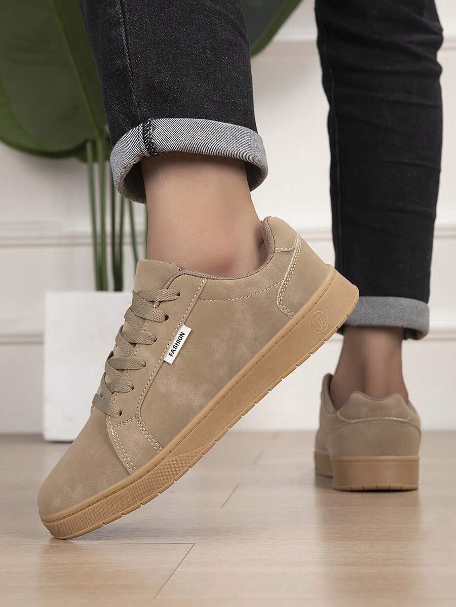 Men's Low-Top Lace-Up Casual Sneakers, Solid Color Minimalist Upper, Suitable For Daily Commute And Outings, All-Season Versatile Casual Shoes - Khaki - View 1