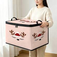 1PC Foldable Christmas Storage Box, Light Pink Background With Cute Reindeer Antlers And Red Christmas Hat Print, Zipper Handle Fabric Storage Bin, Soft Holiday Decor Organizer, Suitable For Home Closet And Bedroom - Multi-color - View 2