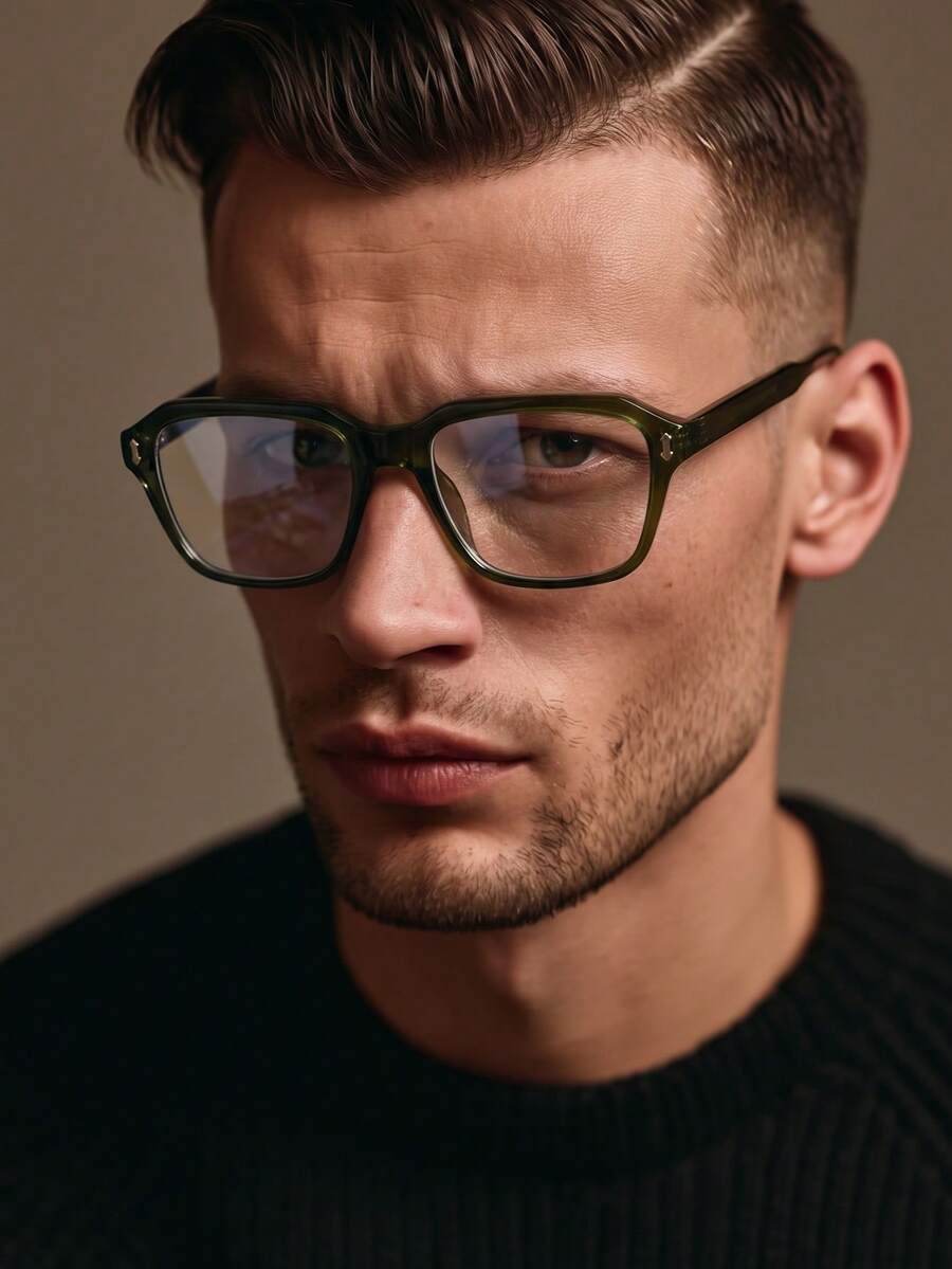 1 Pair Men's Olive Green Square Frame Rivet Decor Casual Style Clear Lens Glasses - Olive Green - View 1