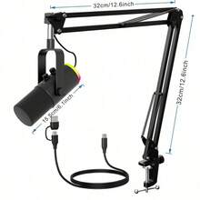 Dynamic Podcast Microphone For Content Creators, Cardioid XLR/USB Mic, AI Noise Cancellation, Tap Mute, 3.5mm Jack For Monitoring, Volume Control, Microfono With Boom Arm, Black - View 2