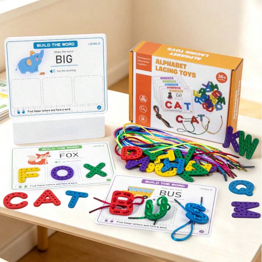 1 Set Wooden Letter Lacing Puzzle English Word Spelling Game For Kids, Fine Motor Skills Training, Early Education Teaching Toy