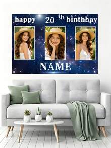 1pc Customizable Photo Name Age Blue Glitter Happy Birthday Backdrop, Blue Purple Glitter Starry Sky Personalized Birthday Background Decoration Design, Suitable For Cake Table Background Decoration Photography Banner Vinyl Material - Blue - View 7