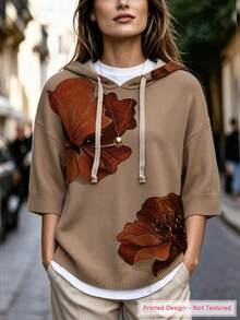 ASHKATIA Women's Plus Size Knitted Hoodie With Drawstring, Vintage Floral Print, Bohemian Style Layered Look, Three-Quarter Sleeves - Multicolor - View 9