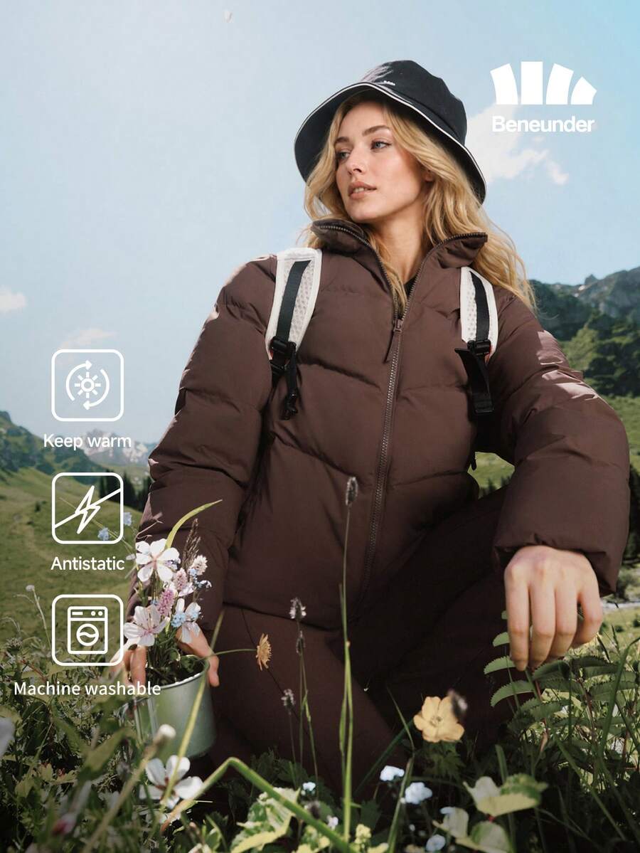 Beneunder Women's Fluffy White Down Coat (Stand Collar, High Warmth) PF004 - Autumn Rock Brown - View 1