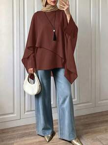 Autumn/Winter Loose Asymmetric Cape-Style Casual Shirt, Suitable For Street, Daily Wear And Home - Brown - View 6