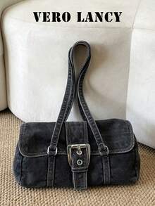 Tas jinjing model retro dengan detail penutup dan gesper, simpel dan modis, cocok untuk perjalanan sehari-hari, belanja, dan berlibur. - Hitam - View 2