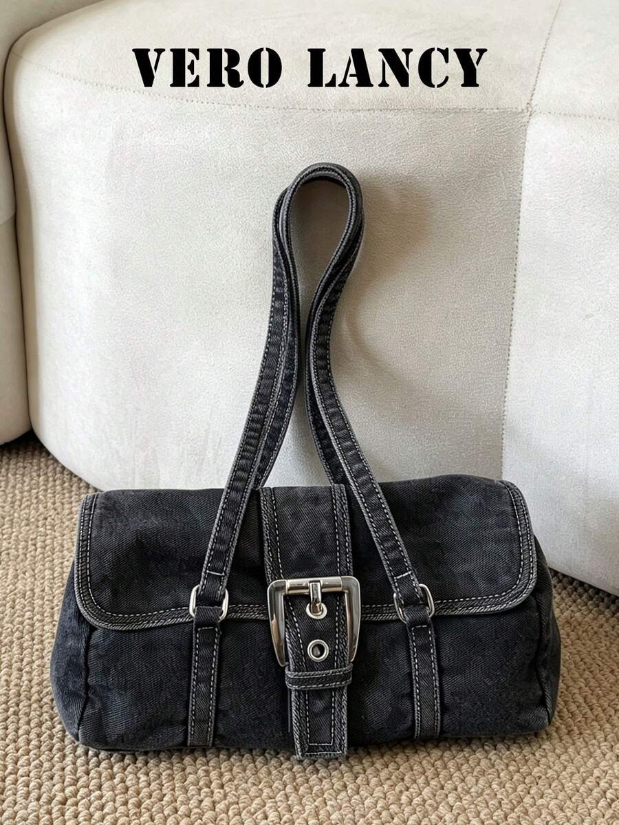 Tas jinjing model retro dengan detail penutup dan gesper, simpel dan modis, cocok untuk perjalanan sehari-hari, belanja, dan berlibur.