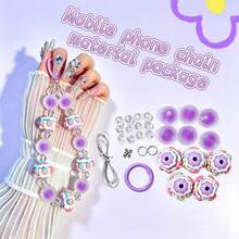 Pink/Blue/White/Green/Purple Round Bead Handmade Phone Chain Material Kit, Featuring Rubber-Feel Jelly Beads, Glass Beads, Cute Hand-Painted Beads, Metal Rings, CCB Spacer Beads And One String - Multi-color (1 DIY Material Kit) - View 2