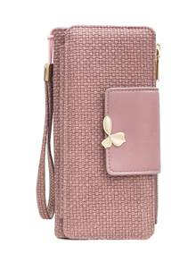 Women's Vintage Straw-Textured PU Long Patchwork Multi-Function Wallet, Large Capacity Card Holder With Exquisite Metal Flower Logo, Casual Wristlet Bag Suitable For Various Occasions - Multicolor - View 5