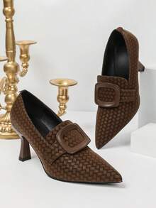 Brown Embossed Woven Pointed Toe High Heels,Slim Pointed Toe,Stable Flared Stiletto Heel,Slip‑On Deep Vamp Pumps,Retro Intellectual Women Loafers - Brown - View 9