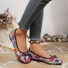Colorful Embroidered Mesh Low Vamp Ballet Shoes For Women, Vintage Bohemian Bow Round Toe Soft Sole Breathable Casual Flat Shoes - Colorful - View 4