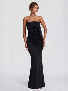 Elegant French Romantic Wedding Evening Party Strapless Ruched Dress - Black - View 5