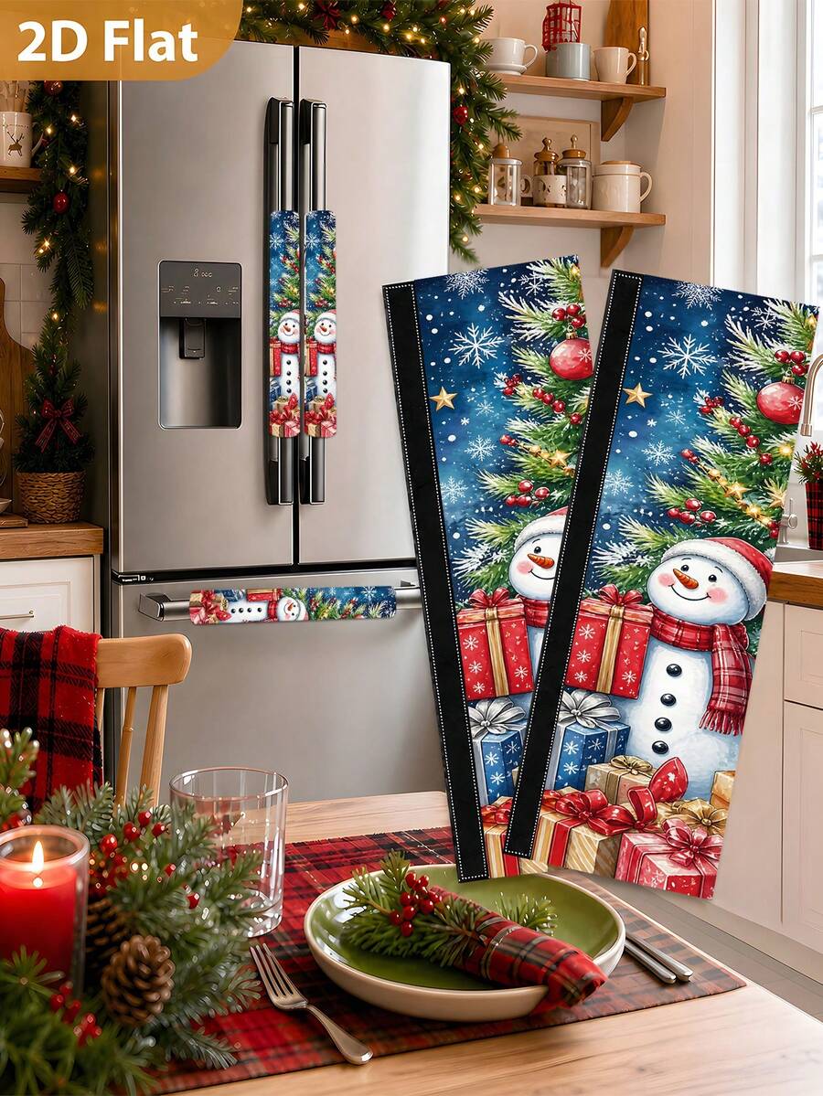 1/2Pcs Christmas Fridge Handle Covers, Christmas Tree, Snowman, Gift Box Pattern, With Hook And Loop, Suitable For Refrigerator, Oven, Microwave, Dishwasher, Christmas Holiday Kitchen Decoration - View 1