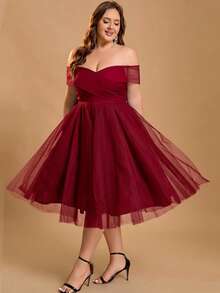 Gaun Pesta Koktail Elegan Wanita Ukuran Plus dengan Bahu Terbuka untuk Tamu Pernikahan, Acara Homecoming, Wisuda, Panjang Selutut, dan Pendamping Pengantin Wanita - Burgundy - View 5