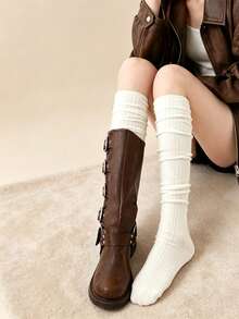 1 Pair Women's Vertical Striped Slouch Over-The-Knee Socks, Solid Color Roll-Up Knit Thigh High Socks, Elastic Soft Long Tube Boots Socks For Daily Wear - White - View 5