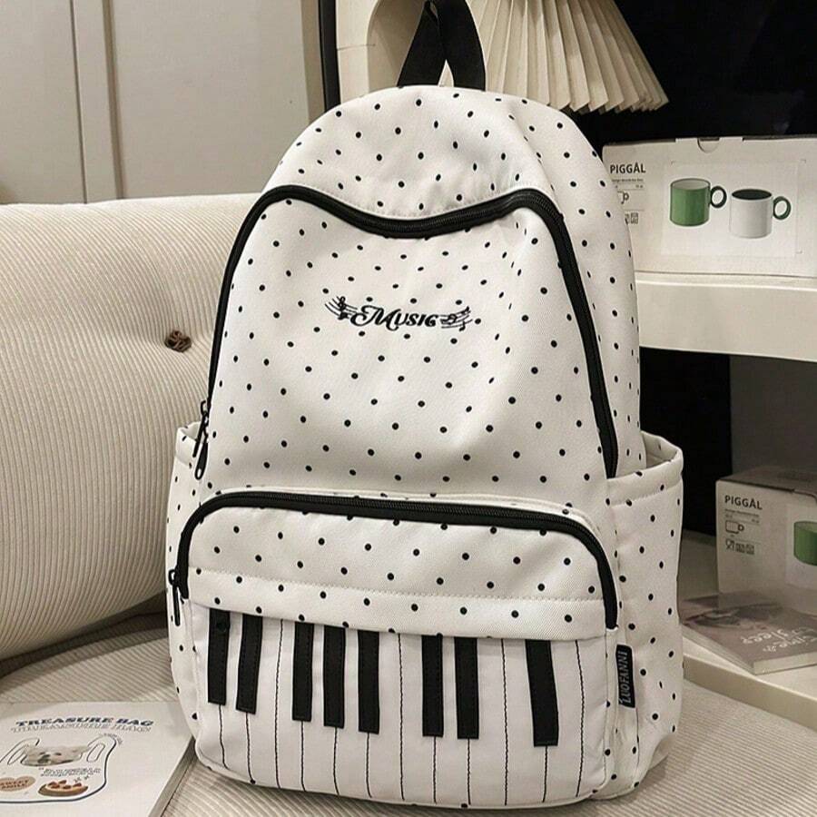 Piano Keyboard Polka Dot Backpack, Black & White Music Embroidery Large Capacity Multi-Pocket Casual Daily Use Backpack, Suitable For School, Music Class And Everyday Use - Multicolor - View 1