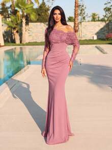 Faeriesty Gaun Mermaid Wanita Warna Pink dengan Leher Asimetris, Lengan Panjang, dan Detail Renda Kontras, Cocok untuk Acara Prom atau Formal - Dusty Pink - View 5