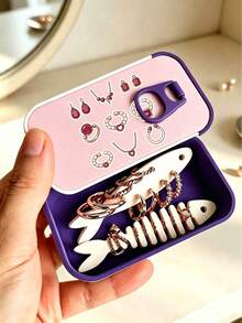 Cute Aesthetic Jewelry Stickers Mini Jewelry Storage Box, With Fishbone Divider And Snap Seal, Portable Jewelry Box For Earrings, Rings, Necklaces, Suitable For Commuting, Short Trips, Desktop Vanity, Ideal For Jewelry Lovers, Portable Earring Box, Mini Jewelry Organizer, Portable Ring Storage Box, Cartoon Jewelry Box, Travel Small Jewelry Storage Box - Multicolor - View 2