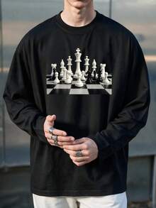 Camiseta de manga larga con cuello redondo y estampado para hombre, estampado exquisito, informal y versátil, ideal para looks cotidianos de otoño e invierno. - Negro - Ver 1