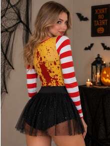 HALLOWEEN Disfraz de Payasita Conjunto Dos Piezas Body y Falda Short Tutu para Mujer Dama Sexy Disfraces Payasos Cosplay Pantiblusa Pantalones Cortos - Negro - Ver 5