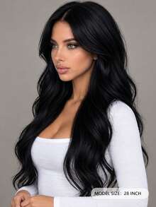 28 Inch Black Middle Part Wavy Curly Wig, Elegant Versatile Style Suitable For All Women's Daily Wear And Party Occasions. - Black - View 5