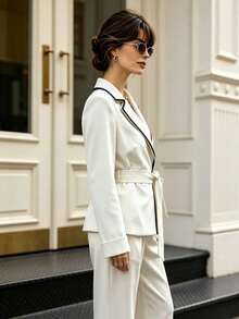 Women's Elegant Notch Lapel White Tie-Front Contrast Trim Blazer, Spring/Autumn - White - View 6
