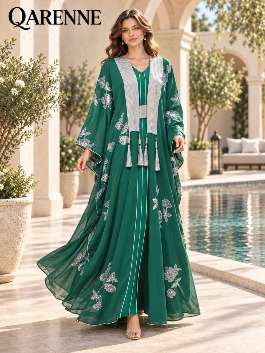 Silver Floral Embroidered 2‑Piece Kaftan Set, Batwing Sleeve Tassel DecorOpen Robe With Belt & Inner Dress,Loose Floor‑Length Formal Evening Maxi Gown - Green - View 1