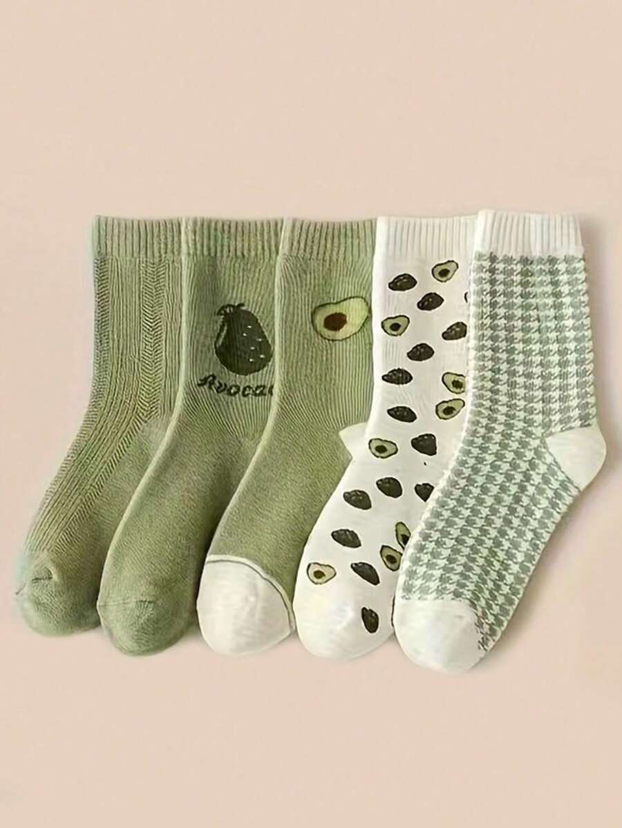5 Pairs Random Women's Winter Socks, Fresh Green Avocado Design, Fleece‑Lined Thick Thermal Mid‑Calf Terry Socks, Home Sleep Socks For Cold Weather - Multicolor - View 1