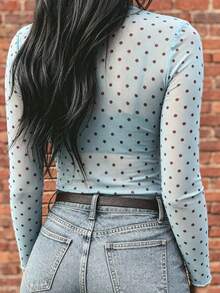 Atasan Wanita Ukuran Plus Motif Leopard Jala Kerah Tinggi Seksi Pas Badan Lengan Panjang Warna Cokelat, Cocok untuk Pemakaian Sehari-hari, Musim Semi dan Musim Gugur - MultiWarna - View 6