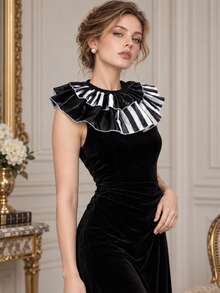 1pc Vintage Gothic Black & White Striped Double Layer Ruffle Collar For Women, Party Banquet Shirt Dress Decoration Accessory - Multicolor - View 1