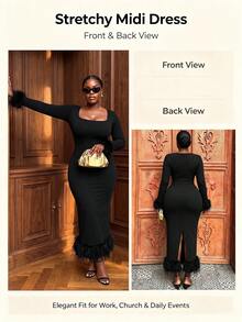 Elegant Feather Patchwork Sheath Dress, Crew Neck Long Sleeve, Fitted Silhouette, Versatile For Workplace, Party, Wedding, Cocktail, Formal Occasions, Spring/Autumn - Black - View 9