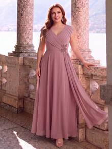 Elegant Rose Chiffon Plus Size Mother Of The Bride Dress, With Short Sleeves And Applique, Deep V-Neck Formal Maxi Dress - Dusty Pink - View 1