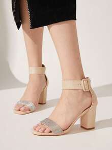 Rhinestone Block Heel Sandals For Women, Ankle Strap Open Toe High Heels, Formal Party Office Footwear - Apricot - View 4
