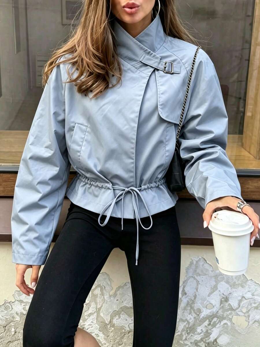 Women Stand Collar Buckle Detail Drawstring Waist Cropped Jacket, Fall Long Sleeve Casual Outerwear