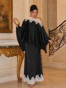 Lace Satin Black Cape Top And Skirts Set For Women Fall Winter Holiday Essentials Halloween Christmas - Black - View 2