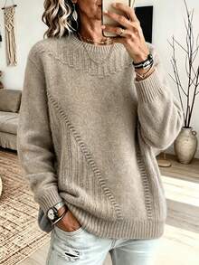 Plus Size Solid Color Turtleneck Knit Sweater Long Sleeve Casual Pullover Elegant Warm Spring Winter Daily Wear And Vacation Fall - Khaki - View 2