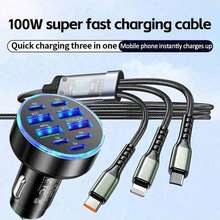 9pcs Car Charger Set With 3-In-1 Fast Charging Cable (USB To Type-C + Lightning + Micro USB), Compatible With Apple/// Devices - Black - View 10