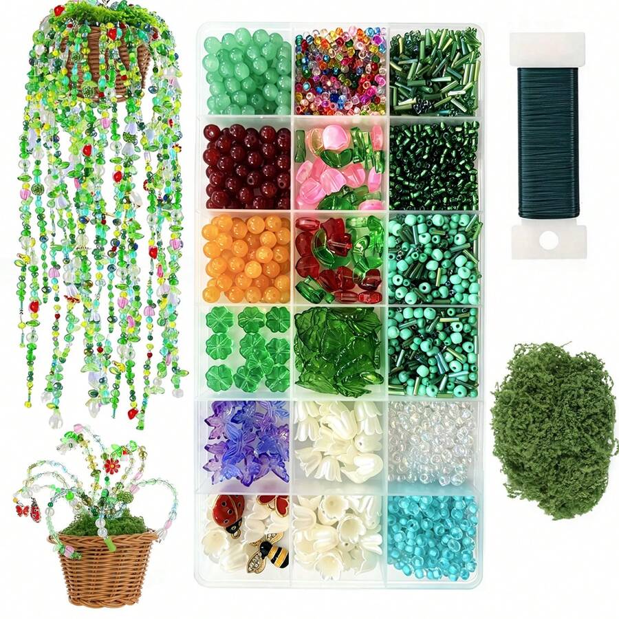 18-Grid DIY Beaded Jewelry Making Kit, Mixed Acrylic Flower Leaf Glass Seed Beads And Tube Beads Set, Includes Storage Box, Moss And String, Handmade Floral Home Decor Craft Materials - A - View 1