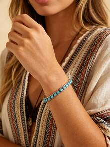 Yanxyad Boho Turquoise Jewelry Set, Multi‑Layer Cross Horseshoe Pendant Necklace, Hoop Earrings & Open Cuff Bangle, Vintage Accessories For Women - Blue - View 10