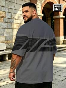 Plus Size Men's Black & Gray Color Block Geometric Split Line Print Crew Neck Short Sleeve T-Shirt, Asymmetrical Diagonal Stripe & Stone Texture Patchwork Pattern, Loose Fit, Skin-Friendly & Breathable, Summer Streetwear Sports Casual Top - Grey - View 2